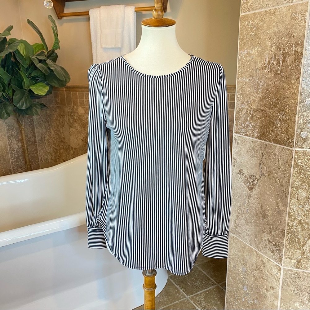Ann Taylor Black and White Vertical Stripe Long Sleeve Blouse